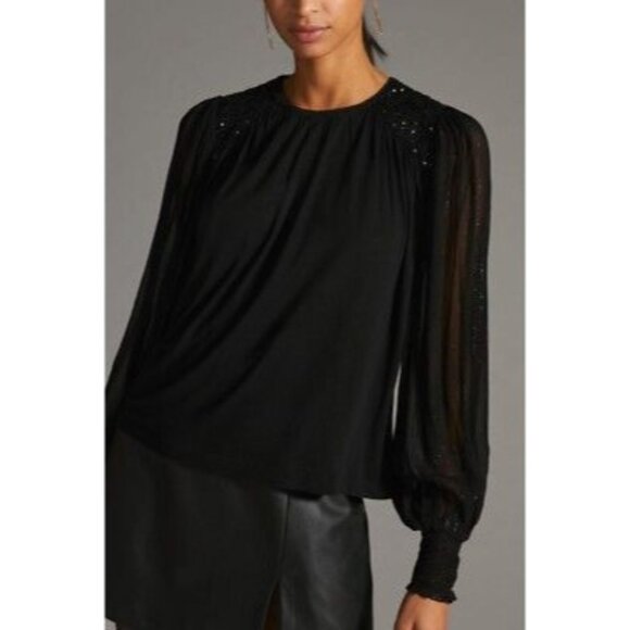 NWT Anthro BLANK BL-NK LONDON SEQUIN EMBELLISHED BLOUSE TOP BLACK Size XS - Picture 1 of 14